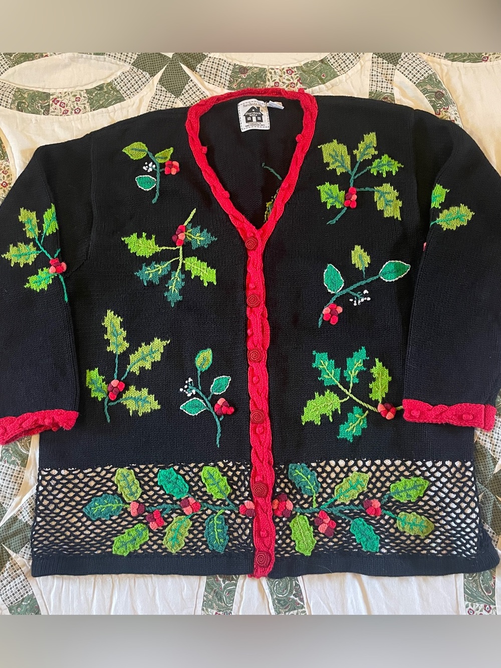 VTG 90s Storybook Knits Embroidered Christmas Holiday Holly Cardigan Size 3X